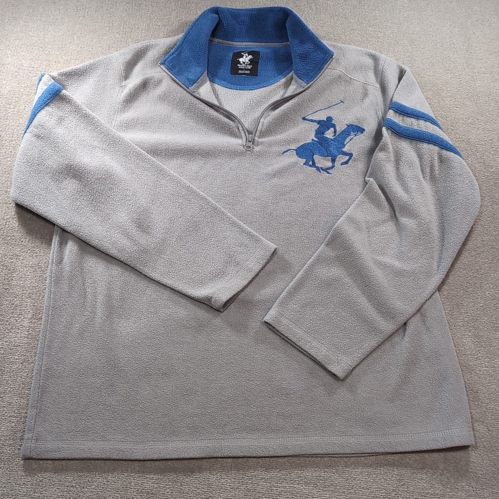 Beverly Hills Polo Club Men's Large Gray Blue Fleece Quarter Zip Large Logo Blue